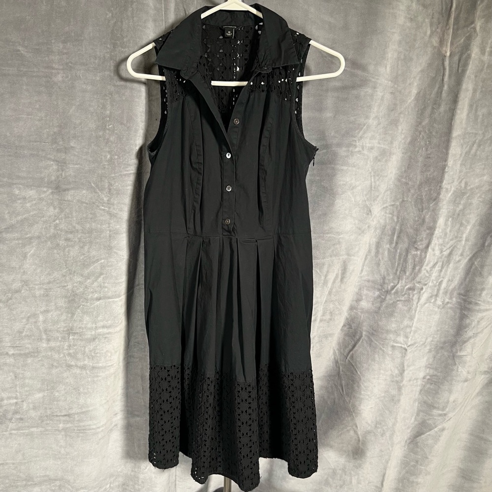ANN TAYLOR Sz 10 Black Sleeveless Eyelet Shirt Dress Cotton A Line Retro Classic
